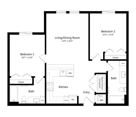 Floor plan for 2 beds, 2 baths, 954 sqft